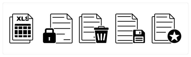 Set of 5 Files icons in black color as excel file, lock file, trash file vector