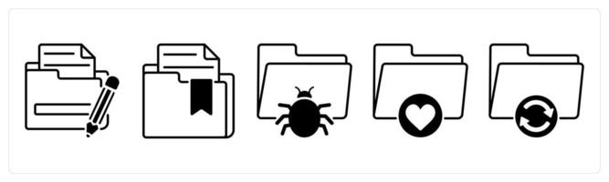 Set of 5 Files icons in black color as edit folder, impoprtant folder, bug folder vector