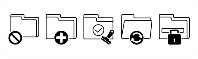 Set of 5 Files icons in black color as folder error, new folder, approved folder vector