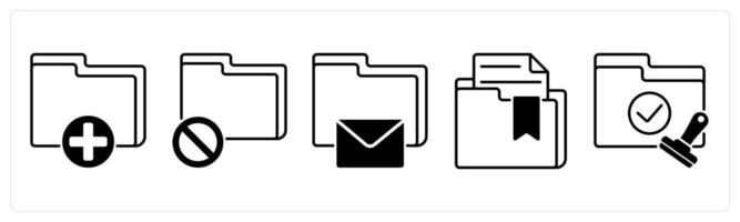 Set of 5 Files icons in black color as new folder, folder error, email folder vector