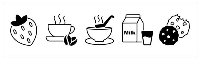 Set of 5 Food and Drink icons in black color as strawberry, coffee, soup vector
