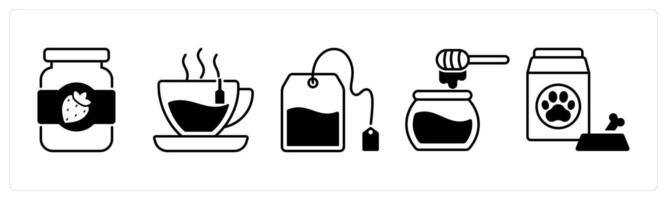 Set of 5 Food and Drink icons in black color as jam, tea, tea bag vector