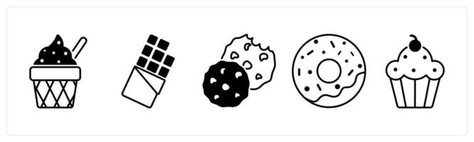 Set of 5 Food and Drink icons in black color as ice cream, chocolate, cookies vector