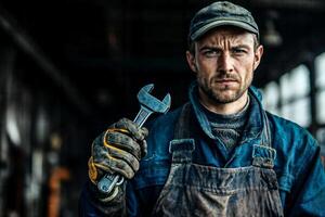 Working Class Man Holding a Wrench in a Factory Setting photo