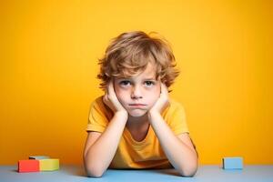 Studio portrait of a little boy being bored, isolated on colorful background. Kids emotions or moods concept. photo