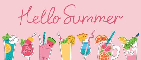 Hello summer banner with hand lettering, illustrations of refreshing drinks, flat cartoon doodle icons of cocktails and beverages on pink background. Bright, colorful and cheerful design vector