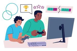 illustration of two gamers playing game on console, friends competing in esports match. Composition with cartoon characters, monitor, controllers, and trophy, teamwork and gaming culture vector