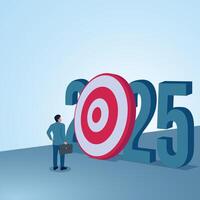 A man carrying a briefcase looks at a target among the numbers 2025. Illustration for new year goals, new targets and new challenges. vector