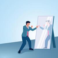 A man with a punching gesture facing a mirror image. Illustration for fighting yourself, self-confidence and being positive. vector