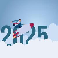 A man riding a rocket above the number 2025. Illustration for new year goals, new targets and new challenges. vector