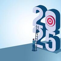 A man leaning a ladder towards the number 2025. Illustration for new year goals, new targets and new challenges. vector