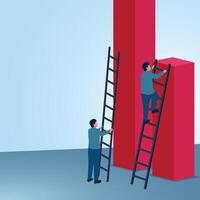 A man climbs a tall ladder to the top while others climb a short ladder. Illustration for privilege, difference and injustice. vector