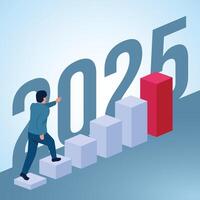 A man climbing a graphic ladder next to the number 2025. Illustration for new year goals, new targets and new challenges. vector