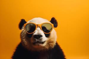 Funny panda wearing sunglasses in studio with a colorful and bright background. photo
