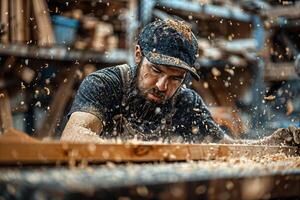 Focused Carpenter Working in a Sawdust-Filled Workshop photo