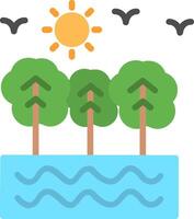An illustration of trees and water with birds flying over it vector