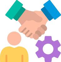 A person shaking hands with another person and a gear vector