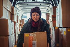 Working Class Woman Feels Discontent While Unloading Boxes photo