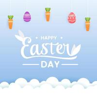 Happy Easter day concept with paper cut clouds, rabbit, eggs. vector