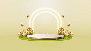 Happy easter day sale concept with podium, eggs and flowers with 3D realistic style . Suitable for banner. vector