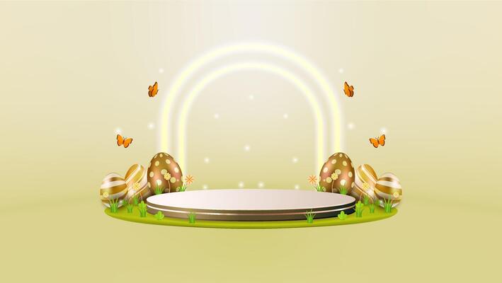 Happy easter day sale concept with podium, eggs and flowers with 3D realistic style . Suitable for banner.