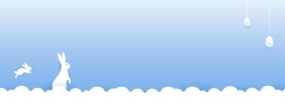 Blank Happy Easter day concept with paper cut clouds, rabbit, eggs. vector