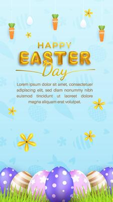 Vertical Happy easter day sale concept with eggs and flowers with 3D realistic style.