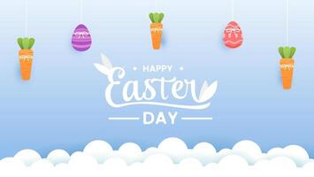 Happy Easter day concept with paper cut clouds, rabbit, eggs. Suitable for greeting card, flyer and banner. vector