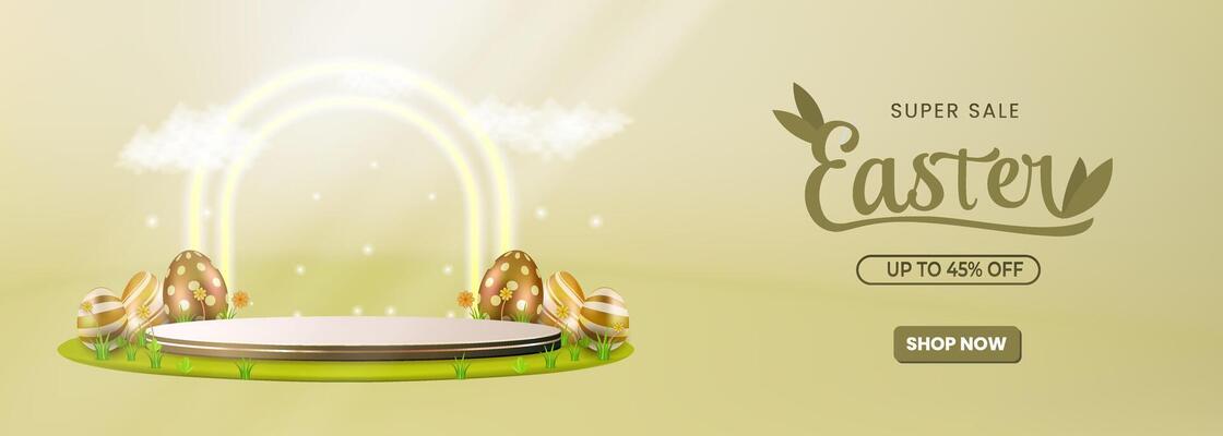 Happy easter day sale concept with podium, eggs and flowers with 3D realistic style .