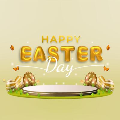 Happy easter day sale concept with podium, eggs and flowers