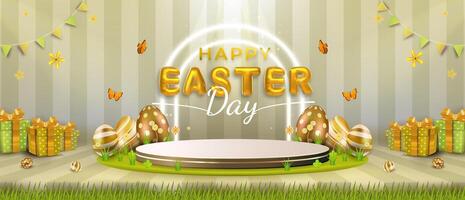 Happy easter day sale concept with podium, eggs and flowers with 3D realistic style . Suitable for banner, flyer, greeting card and showcasing product. vector