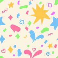 Seamless pattern with colorful abstract shapes, stars, hearts, and geometric figures, playful and dynamic design vector