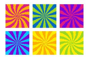 Six vibrant square backgrounds feature a hypnotic spiral design, creating a swirling psychedelic pattern with bright colors vector
