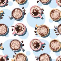 Seamless pattern with a cup of coffee and coffee beans. Repeating texture with hot coffee beverage for fabric, vector