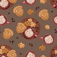 Seamless pattern with a cup of coffee and a bun. Repeating texture with a coffee drink and dessert. Perfect breakfast. Suitable for textiles, wallpaper, paper, etc. vector