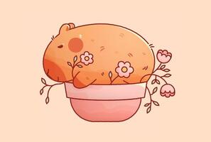 Kawaii capybara sleeping in a flower bed. vector
