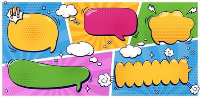 Pack with speech bubbles without text and halftone elements on color groovy shape pattern. vector
