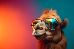 Funny camel wearing sunglasses in studio with a colorful and bright background. photo