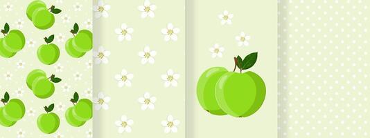 Collection of seamless patterns with green apples vector