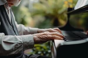 Senior Man Passionately Playing Piano in a Serene Garden Setting photo
