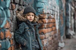 Young boy in winter clothing leaning against a brick wall with a thoughtful expression in an urban setting photo