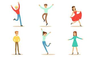 Happy People in Various Poses Set, Young Men and Women Dancing and Jumping Rejoicing at an Important Event Illustration vector