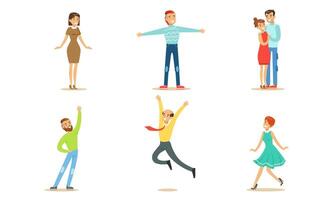 Happy People in Various Poses Set, Smiling Young Men and Women Rejoicing at an Important Events Illustration vector
