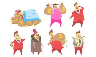 Funny Fat Rich Millionaire in Different Situations Set, Businessman Character in Red Suit Cartoon Illustration vector