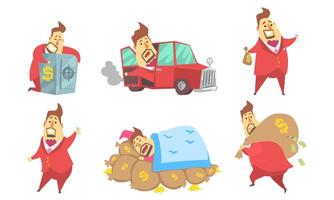 Funny Rich Millionaire in Different Situations Set, Fat Businessman Character in Red Suit with Money Bags Cartoon Illustration vector