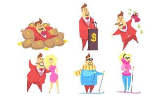 Funny Rich Millionaire in Different Situations Set, Fat Businessman Character Cartoon Illustration vector