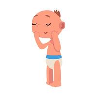 Baby in diaper holds hands in the face and closed his eyes cartoon illustration vector