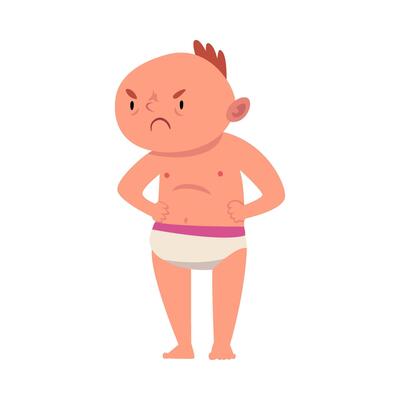 Baby in diaper is dissatisfied with something cartoon illustration