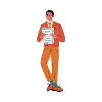 Guy stands and holds a stack of papers cartoon illustration vector
