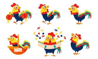 Collection of Roosters with Bright Plumage in Different Situations, Funny Bird Character Illustration vector